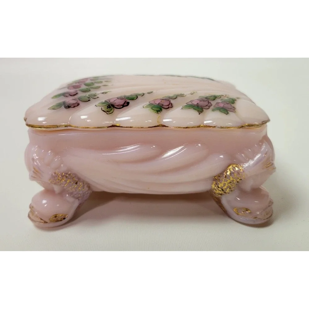 Vtg Cambridge Glass Crown Tuscan Trinket‎ Cigarette Box Seashell Pink Roses